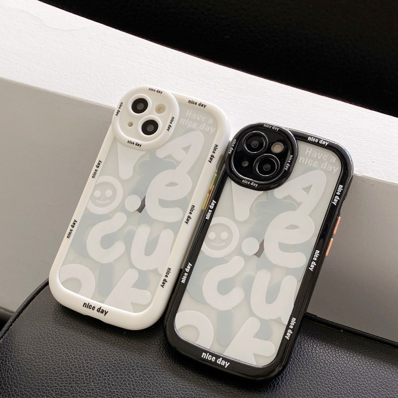 1PC Couple Puff Case IPhone 11 12 13 14 Pro Max Soft Phone Case Black and white English characters Casing hp iPhone 11