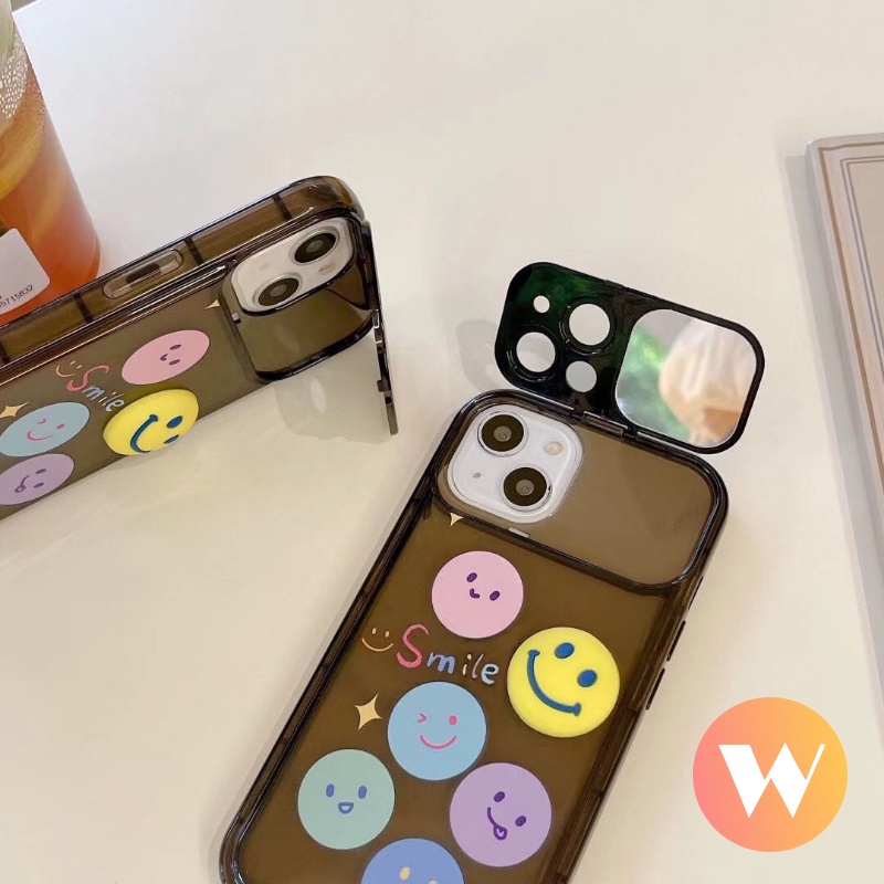 IPHONE Casing Handphone Lembut Smiley Lucu Kompatibel Untuk Iphone7Plus XR 11 12 14 13 Pro Max X XS Max7 8 Plus SE 2020 Flip Make Up Mirror Back Cover