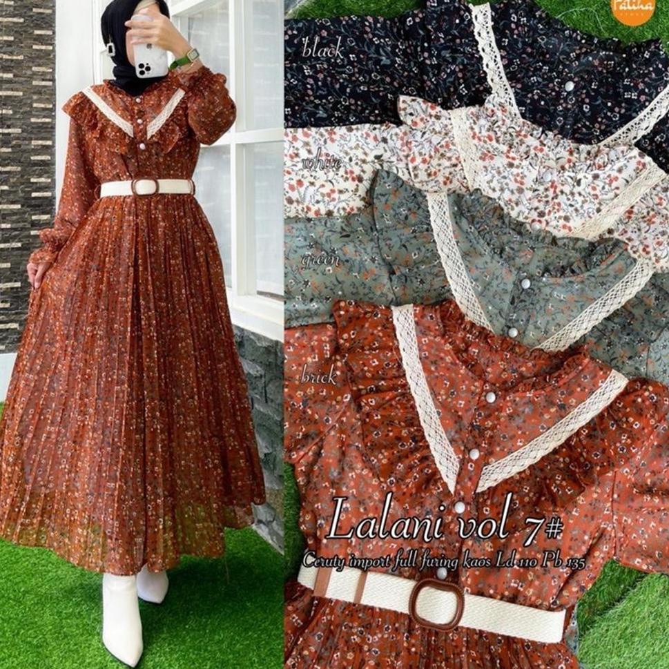 Big Sale Gamis Dress Terbaru Lalani Vol 7 Gamis Ceruty IMPORT Motif Bunga Plisket