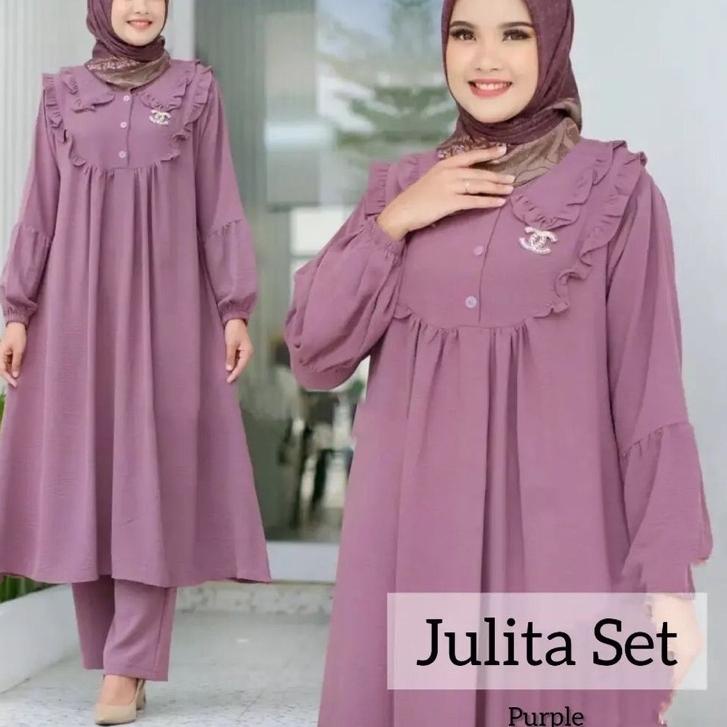 ♪ RAYON crinkle JUMBO julita - One Set Tunik Anggita bahan Rayon premium full kancing adem tali samp