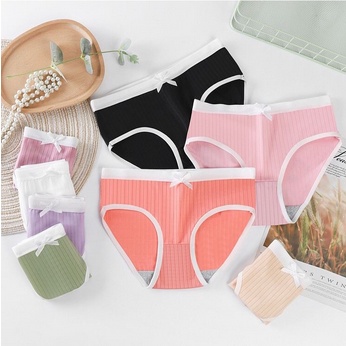 CD Celana Dalam Wanita Warna Solid Pita Pakaian Dalam Lembut Motif Bergaris 1247
