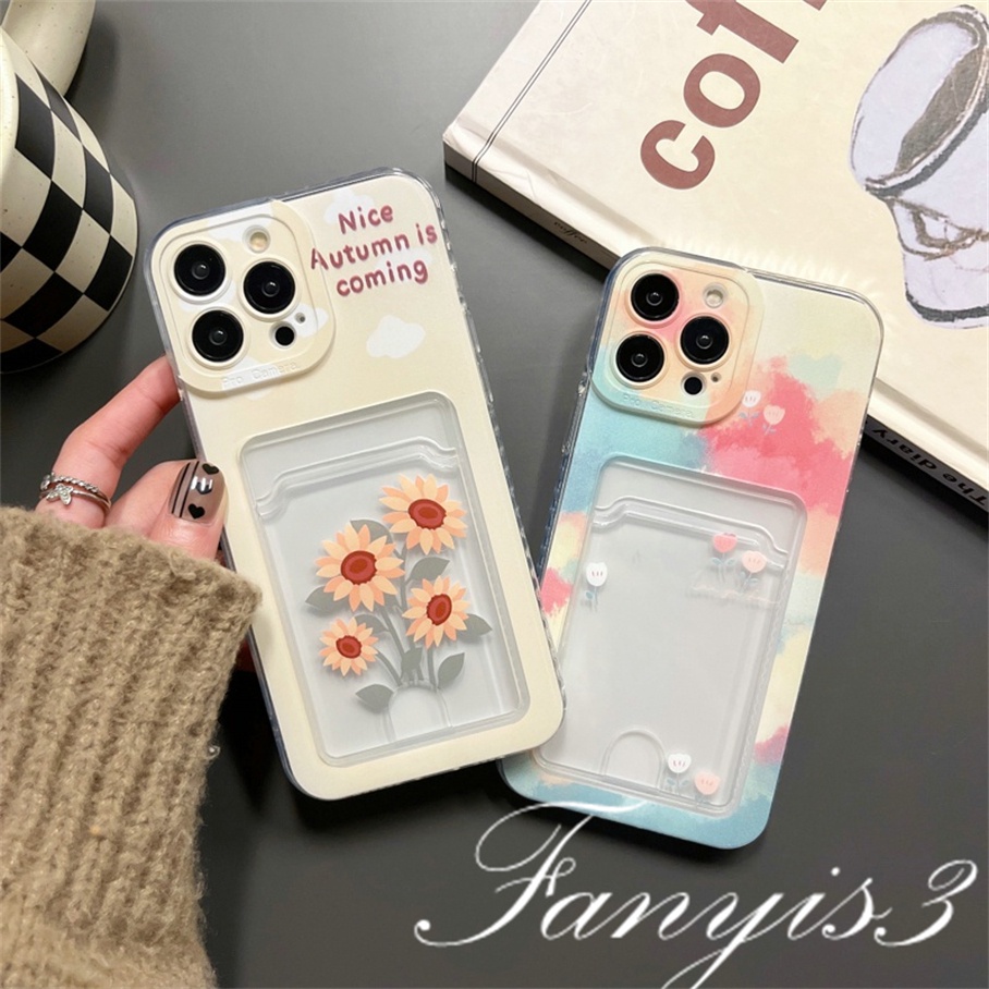 Redmi A1 Plus 10C 10A 10 9A 9C 9 9T Note 11s 10s 9s 11 10 9 8 Pro Poco X3 NFC X3Pro Mi 11 12 Lite 11T Pro Rose Sunflower Card Holder Phone Case Clear TPU Soft Cover Pelindung