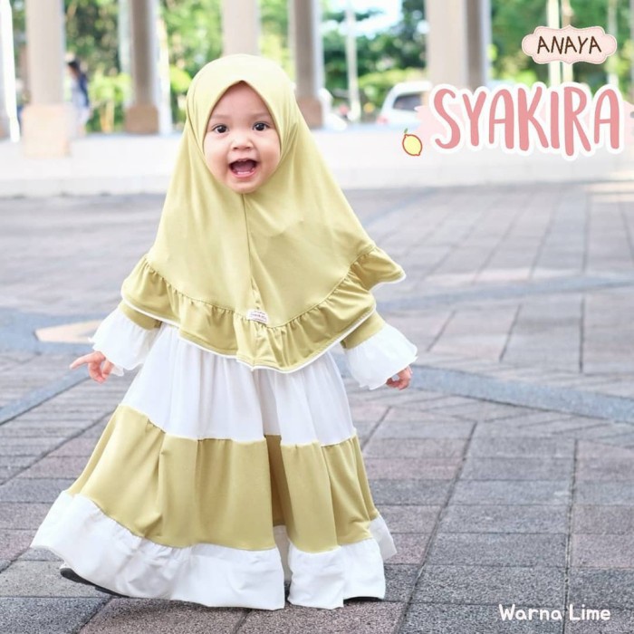 [[COD AKTIF]] GAMIS ANAK PEREMPUAN SYAKIRA ANAYA/GAMIS ANAK TERBARU/gamis kekinian - putih lime, XS