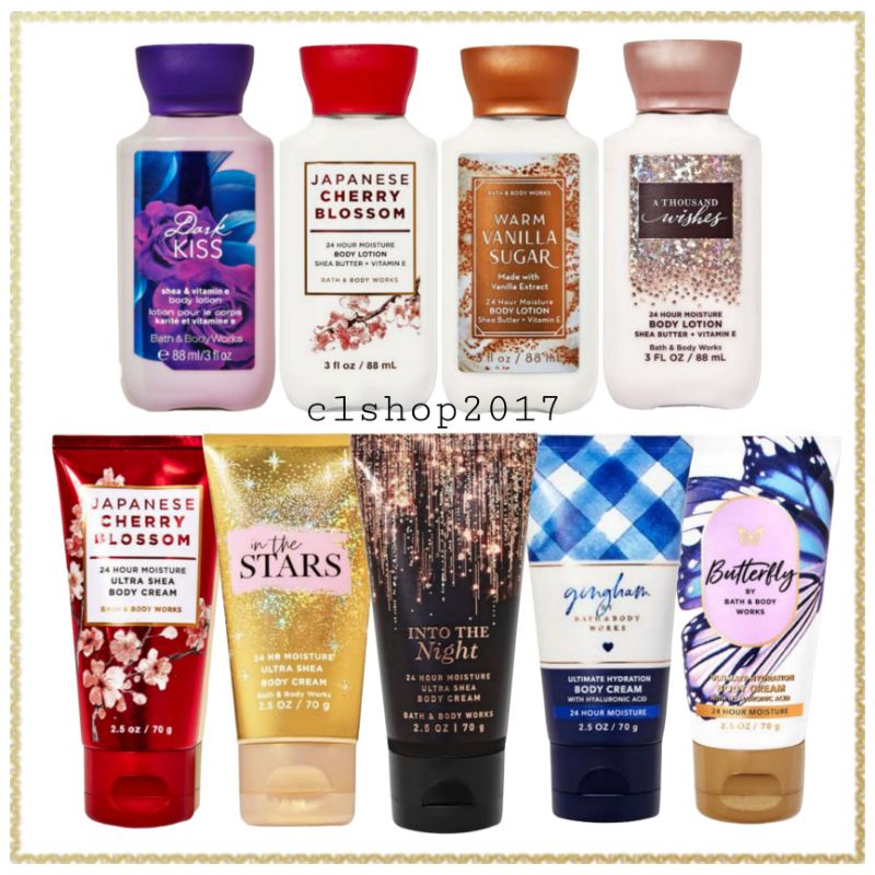 BATH AND BODY WORKS BBW 24 HOUR MOISTURE SHEA &amp; VITAMIN E BODY LOTION 88 ML BODY CREAM 70 G WARM VANILLA SUGAR WHITE PUMPKIN &amp; CHAI WHIPPED BERRY MERINGUE BUBBLY ROSE WINTER CANDY APPLE ABOUT YOU DARK KISS TWISTED PEPPERMINT MIX