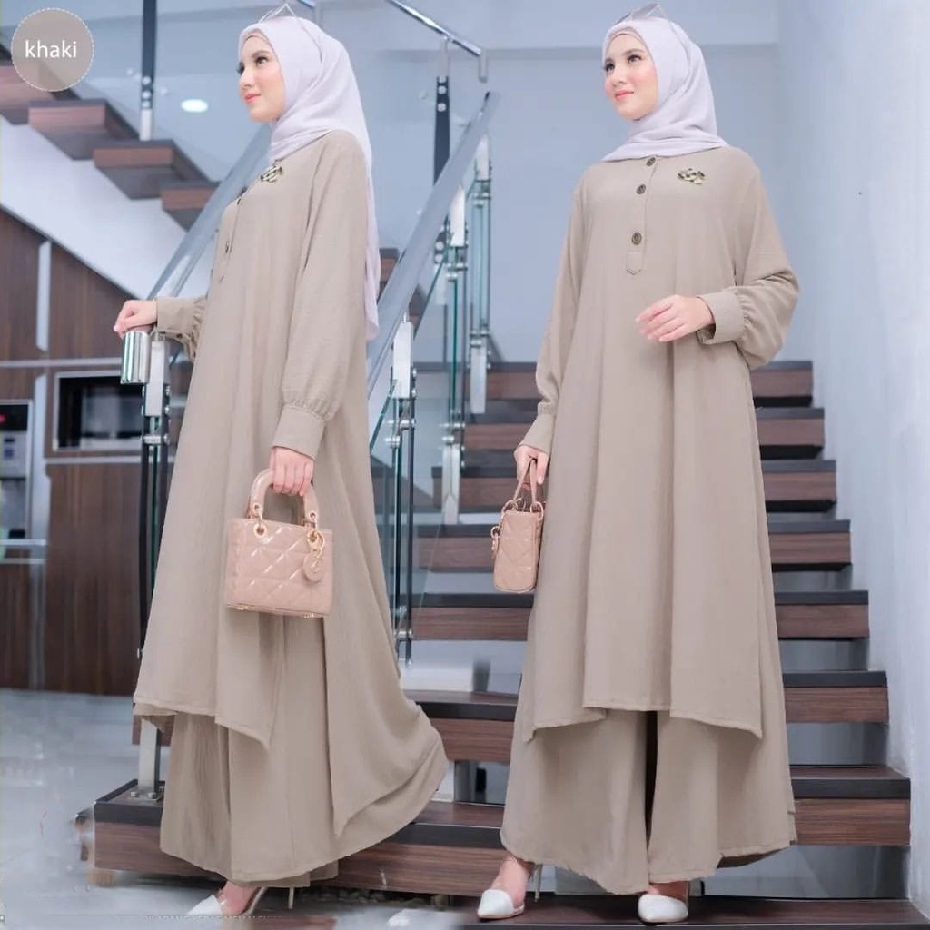 Aira Set Setelan Celana Wanita 2in1 Kekinian Bahan Crinkle Long Tunik dan Celana Jumbo LD 110 Motif Polos Terbaru 2023 Pakaian Muslim Wanita