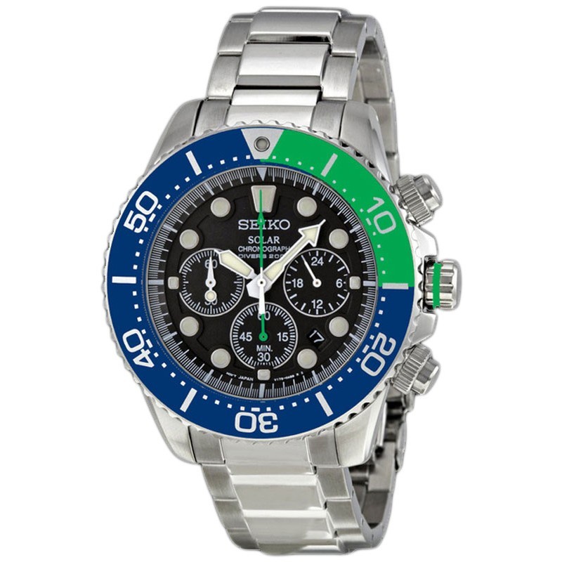 Seiko SSC239P1 Divers Solar Chrono Silver Black Blue Green