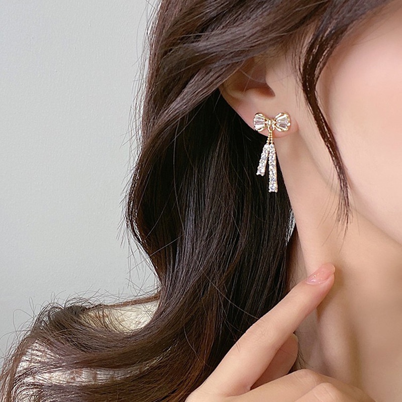 1pasang Anting Korea Zirkon Ikatan Simpul Drop/Anting Rumbai Berkilau Trendi Untuk Hadiah Perhiasan Wanita Gadis