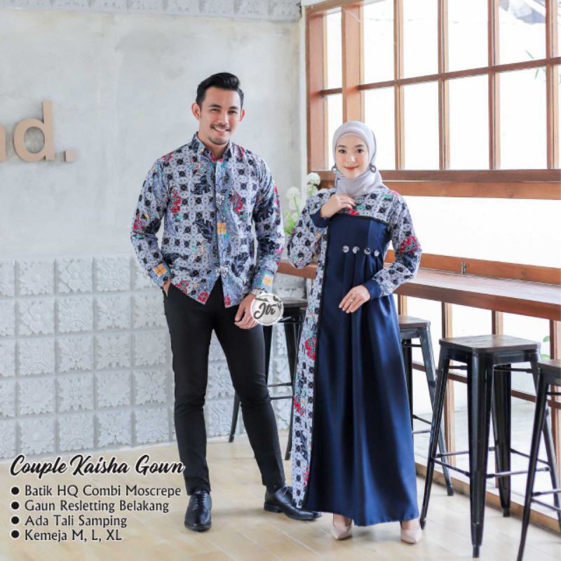 gamis couple batik kombinasi polos