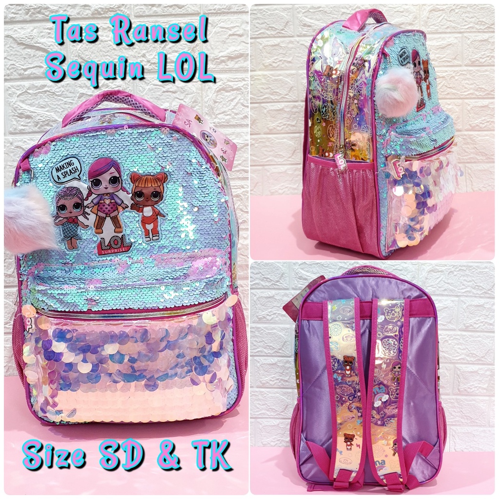 Tas Sekolah Ransel Anak TK dan SD Motif Sequin LOL Tas Ransel Sekolah Import Backpack Anak Perempuan