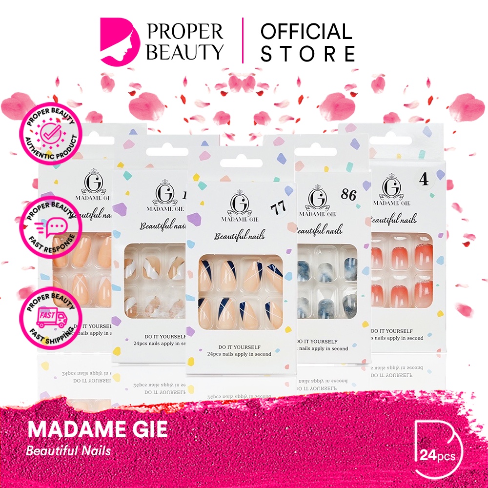 MADAME GIE Beautiful Nails Indonesia / Kuku Palsu / Do It Yourself 24pcs Nails Apply In Second / Fake Nail Art / Cat Kutek Polish Peel Off Sticker Manicure Pedicure Base Top Coat / Cosmetic Beauty Tools Alat Kecantikan Kosmetik Treament Perawatan / Series