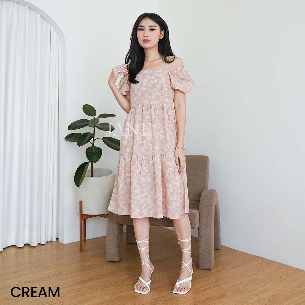 JANE COLLECTION || Midi Dress Wanita Hitam OOTD Bali Baju Pantai Casual Putih Lengan Balon Baju Hamil Dress Flowy Previta