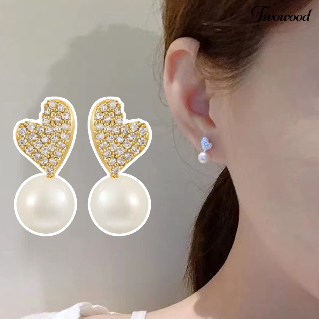 Twowood 1pasang Ear Studs Dainty Elegan Gaya Perancis Temperamen Retro Hadiah Mini High Gloss Mutiara Imitasi Cinta Hati Wanita Anting Perhiasan Aksesoris