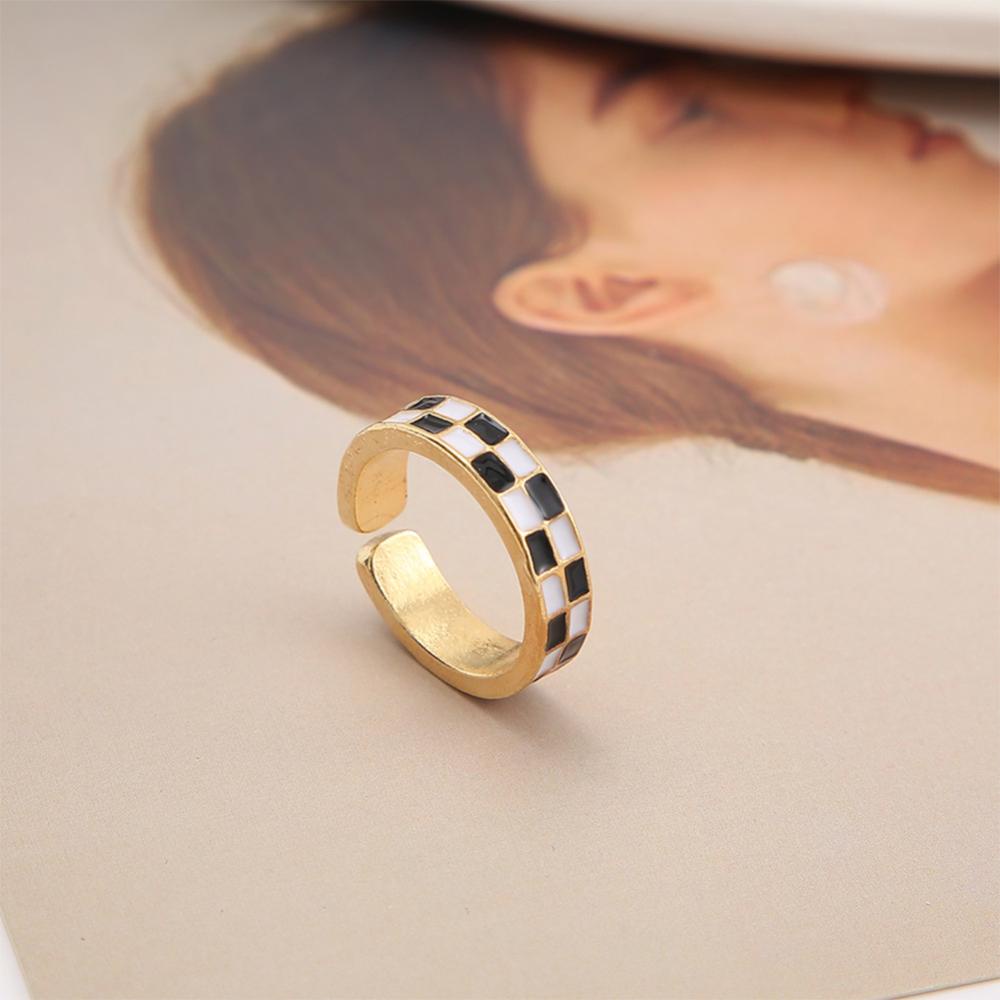 Timekey Retro Niche Checkerboard Cincin Pembukaan Adjustable Alloy Ring Simple Perhiasan Aksesori Untuk Wanita D1E3