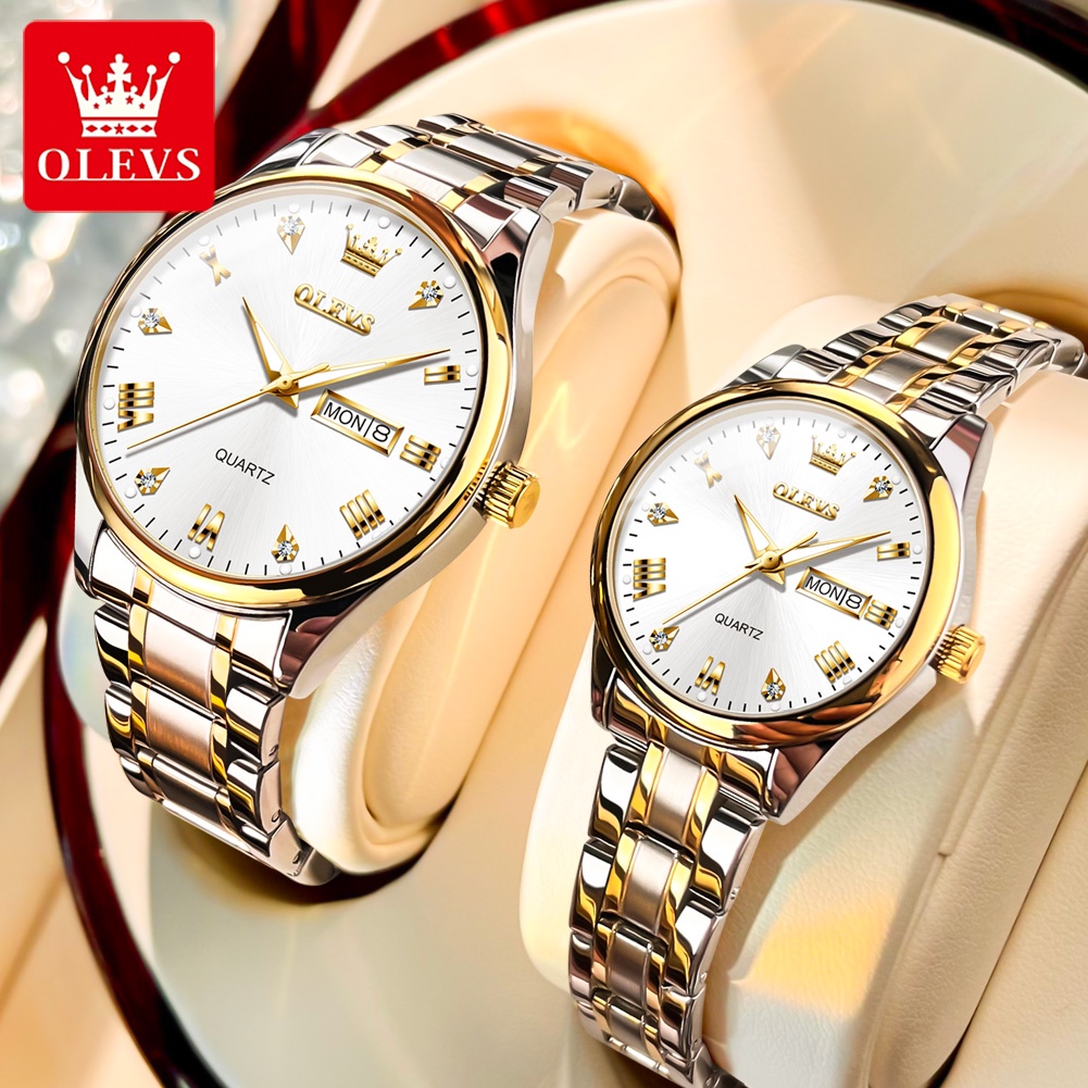 OLEVS Jam Tangan Couple  Anti Air Original Lover Watch Stainless Steel Luminous Jam Tangan Pria And Jam Tangan Wanita