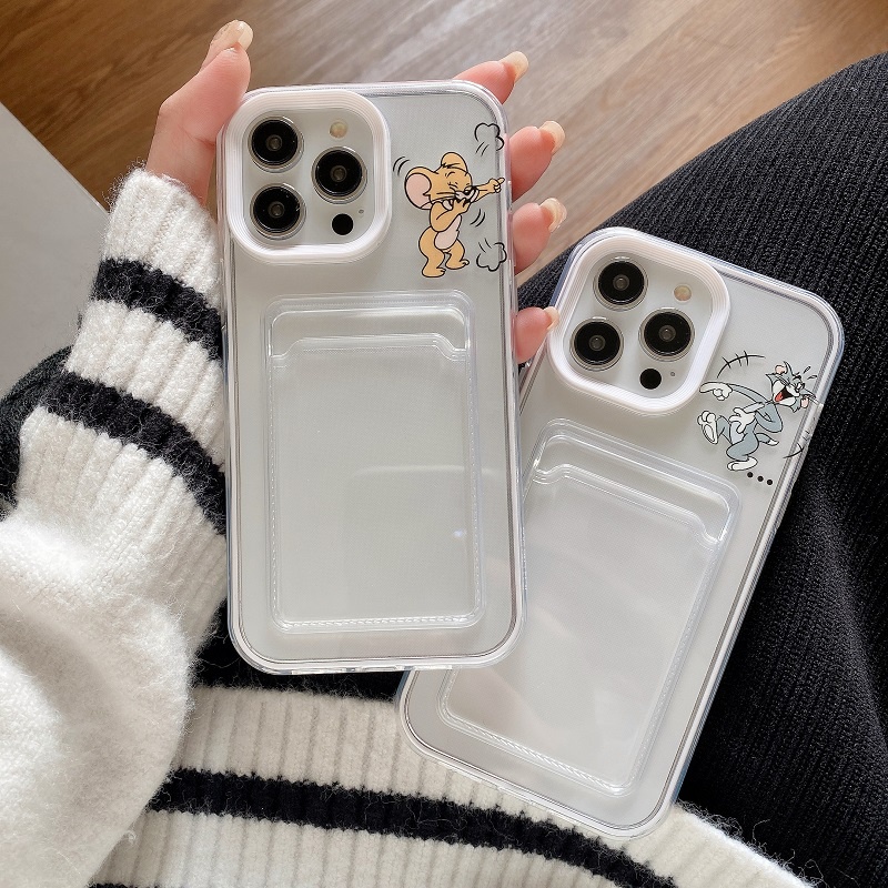 IPHONE Casing Transparan Desain Lengan Kartu 3in1 Untuk Iphone14 13 12 11 Pro Max Kartun Kucing Dan Tikus X XR XS Max7 8 Plus