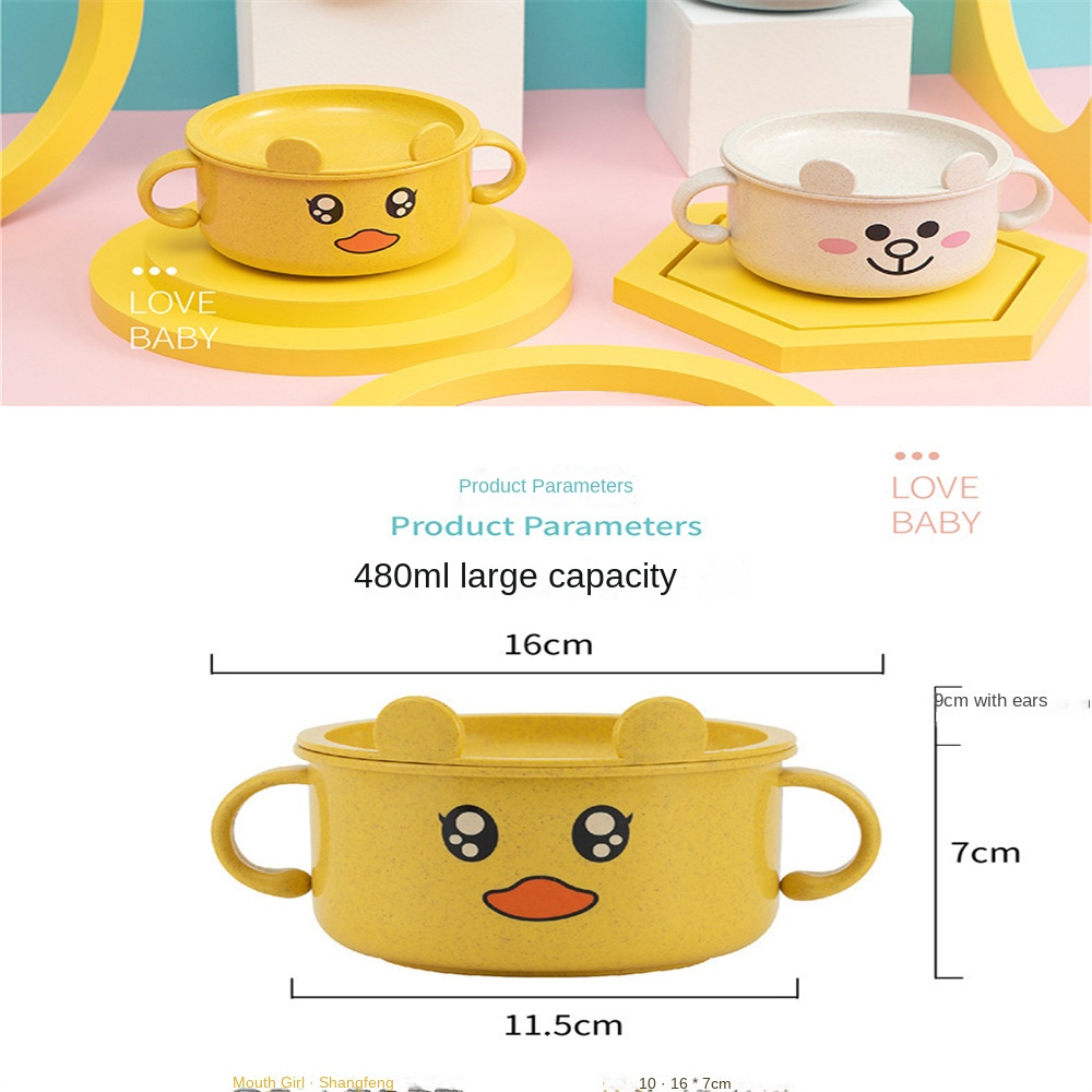 ღ Bayi Feeding Tableware Kartun Bayi Mangkuk dengan Tutup Jerami Gandum Serat Makan Mangkuk Set Dua Telinga Panas bukti Training Bowl Makanan Tambahan Peralatan Makan