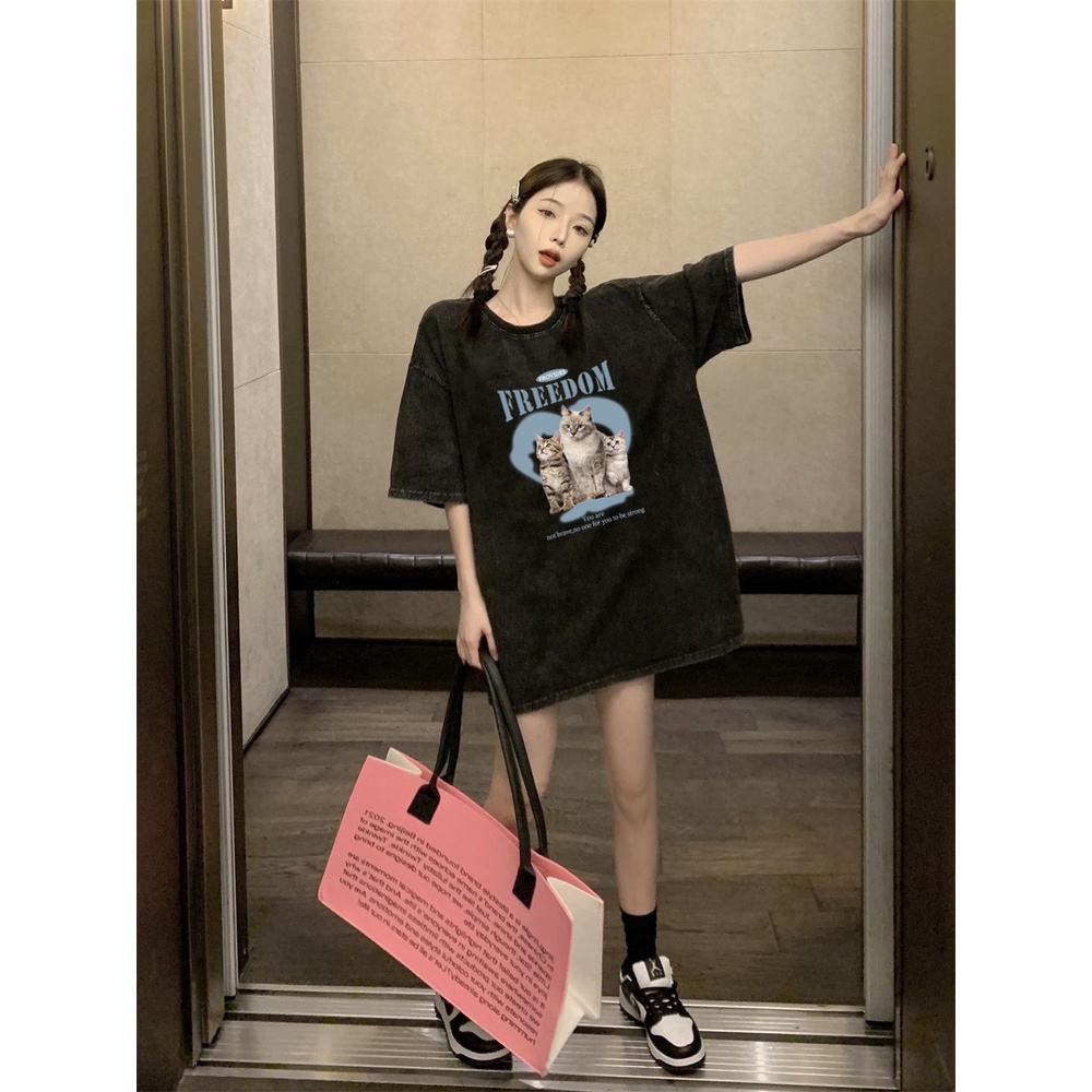 XIAOZHAINV Kaos Atasan Wanita Three Cats Pattern Lengan Pendek A0158