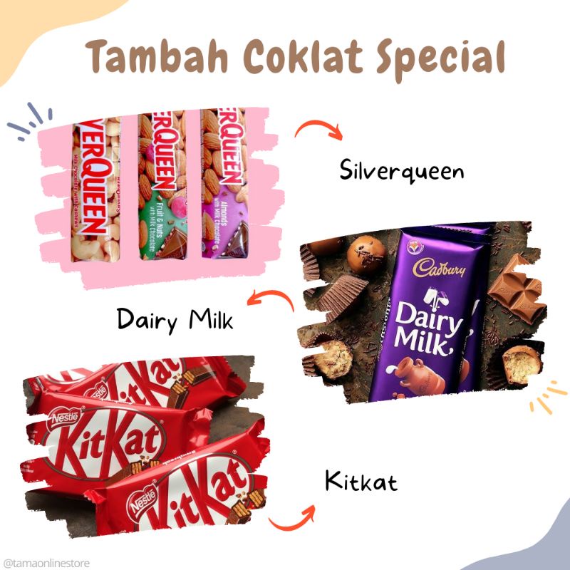

Coklat Silverqueen/Dairy Milk/Kit Kat/Valentine/Anniversary/Tambah Isi Hampers