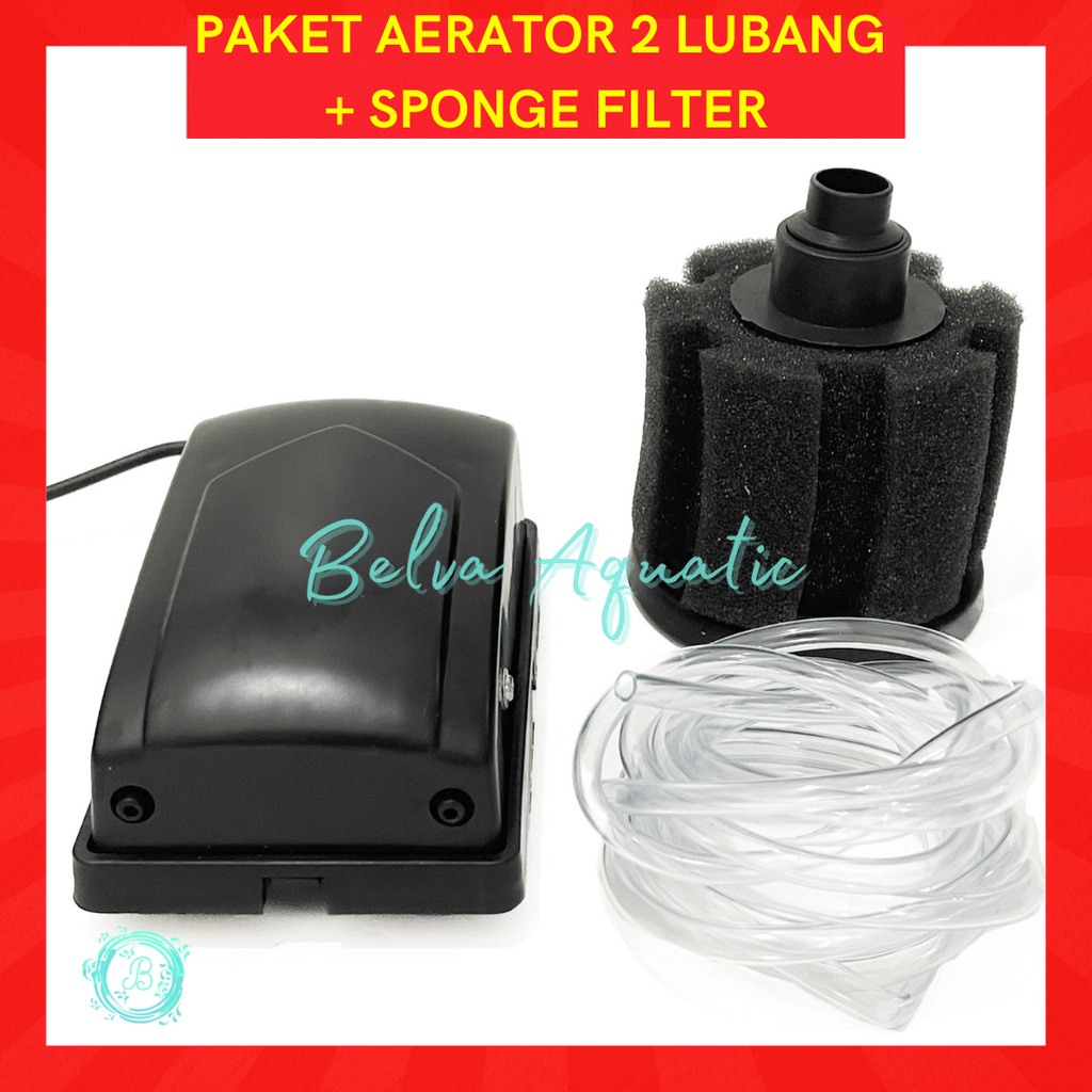 PAKET AERATOR 2 LUBANG + BATU GELEMBUNG UDARA / SPONGE FILTER + SELANG AQUARIUM Set Pompa Udara 2 Output Termasuk Air Stone Airstone Atau Bio Sponge Spons Biofoam dan Slang Aerasi Oksigen Ikan Tank Akuarium