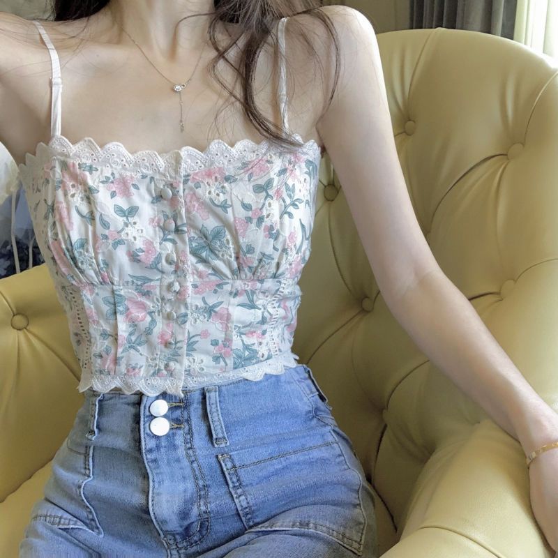 Retro renda manis bunga kecil kamisol tank top wanita musim panas memakai musim panas di luar berpak