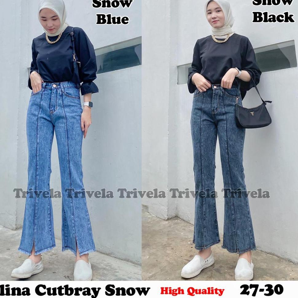Terbaru Elina Cutbray Jeans Snow / Jeans Cutbray Hhwaist / Celana Jeans Wanita Cutbray 27-34
