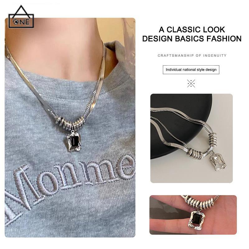 COD❤️Kalung Wanita Square Zircon Lapisan Ganda Rantai  Hip Hop   Musim Dingin Musim Gugur  Desain Sense-A.one