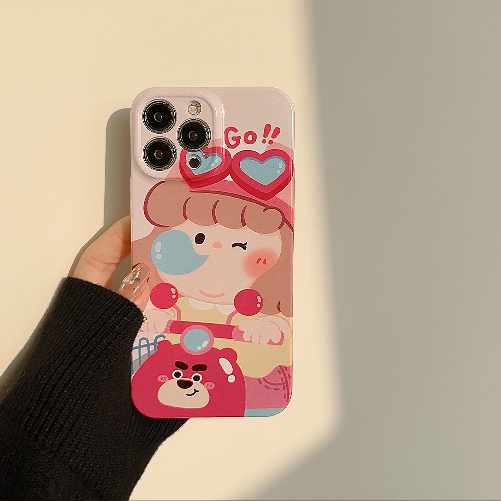 Ins Cute Biker Girl Carton Hard Shell Case Untuk Iphone SE 2020 7 /8 Plus 14x XR XM 11 12 13 PRO MAX Casing Cover Pelindung AT0048
