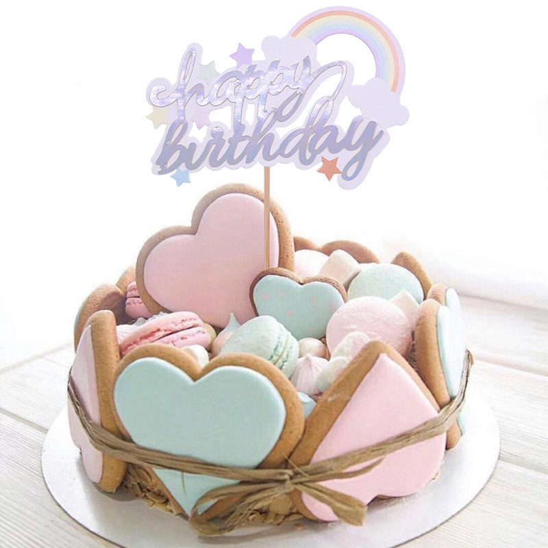 Topper Kue Desain Happy Birthday Pelangi Untuk Dekorasi Pesta Ulang Tahun
