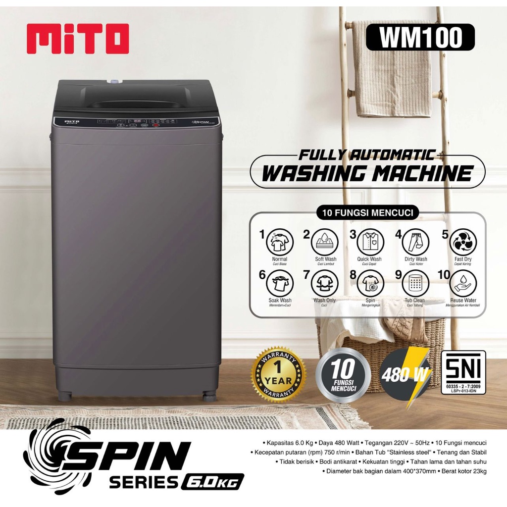 Mesin Cuci 1 Tabung Full Otomatis MITO WM100 Kapasitas 6 KG - Mito WM 100