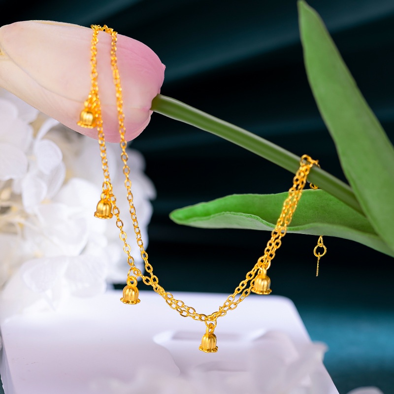 Goldkingdom Fashion Perhiasan Emas Asli Kadar 375Bangkok Aksesoris Ready Stock Versi Emas Berlapis Emas Ins Lily of The Valley Gelang Ganda Gadis Kaya Membawa Keberuntungan