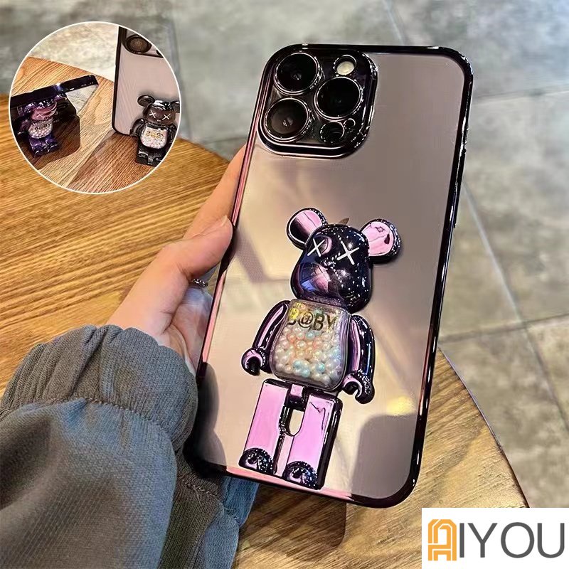 IPHONE Bracket Beruang Permen Transparan casing Ponsel Glitter Kompatibel Untuk Iphone14 13 12 11promax x xsmax Tepi Lurus shockproof silicone soft shell casing