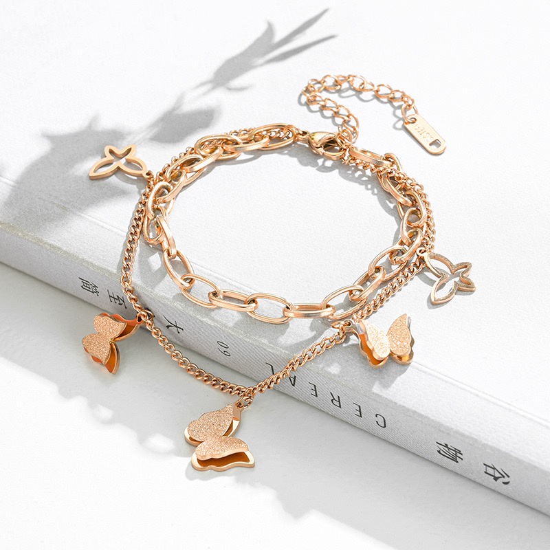 Gelang Rantai Butterfly Double Layer Bahan Titanium Steel Plated 18k Rose Gold Silver Tahan Air Gaya Eropa Amerika Untuk Wanita