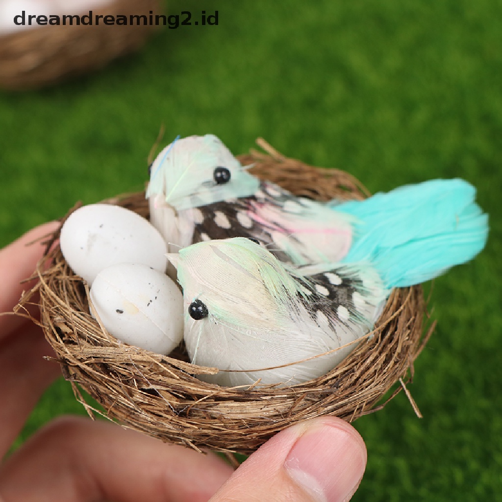 (dream) 1set Patung Burung Berbulu &amp; Sarang &amp; Telur Artificial Craft Kreatif.