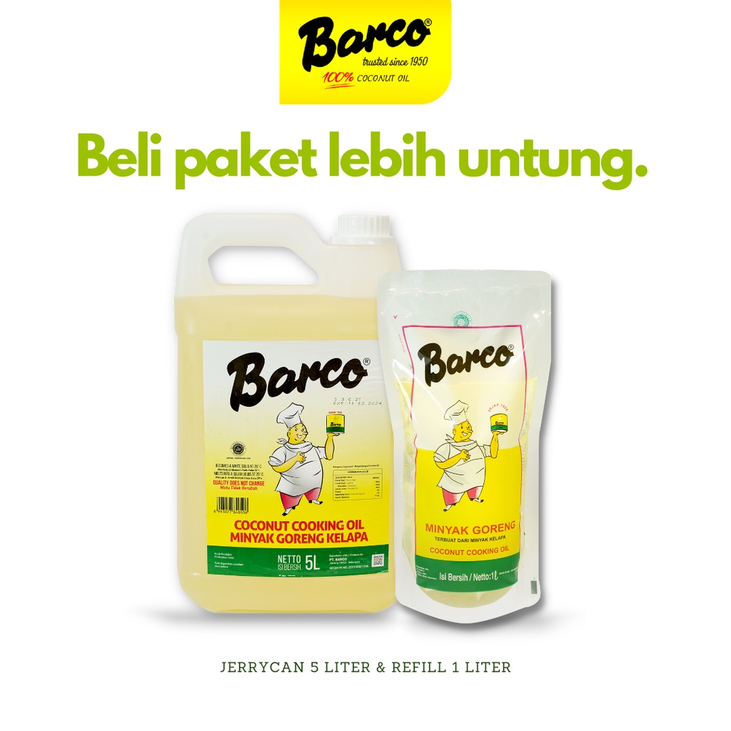

Promo Paket!! Minyak Goreng Kelapa Barco Jerrycan 5 ltr & Pouch 1 Ltr
