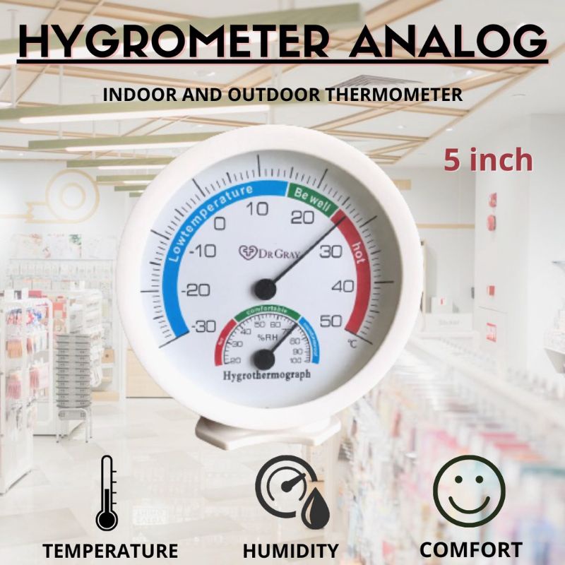 DR GRAY THERMOMETER HYGROMETER ANALOG 5 INCH PENGUKUR SUHU RUANGAN