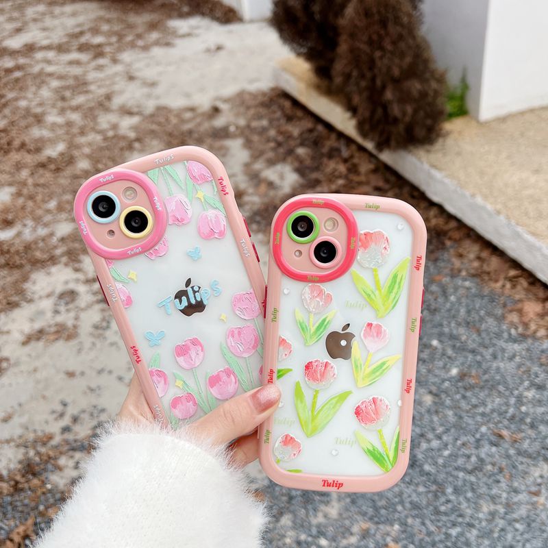 Puff Case iPhone 11 12 13 14 Pro Max 14 Plus Pretty Pink Flower Women's Cute Gifts Soft Casing Cover Pink Tulip Flower