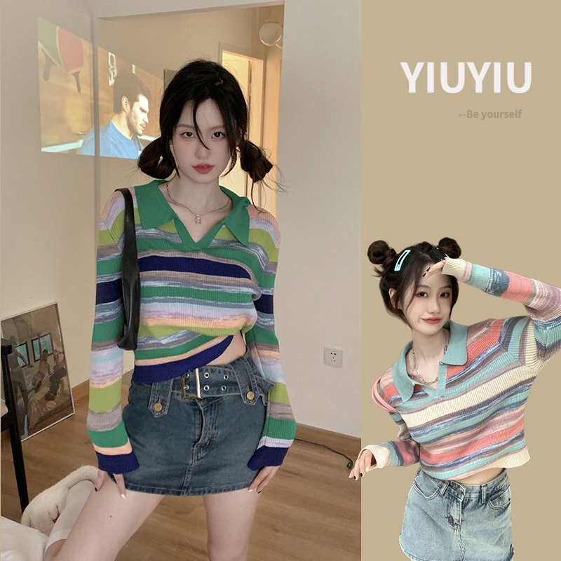 YIU YIU Rajut - Korean Crop Top Lengan Panjang Causal Style Stripe Top V-neck Baju Inner Rajut