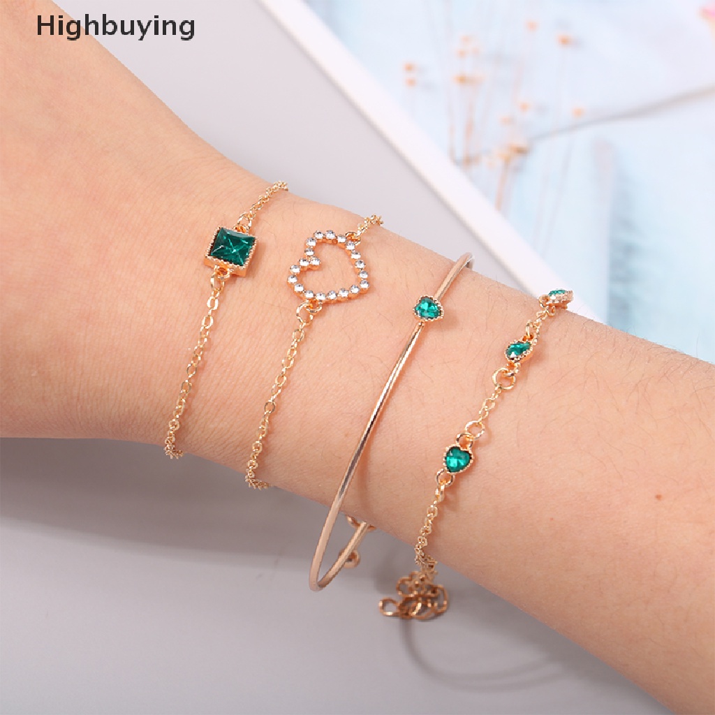 Hbid 4Pcs/Set Tergabung Batu Permata Hijau Gelang Set Perhiasan Untuk Wanita Gadis Jantung Gelang Pernikahan Pertunangan Gelang Fashion Pesta Perhiasan Hadiah Glory