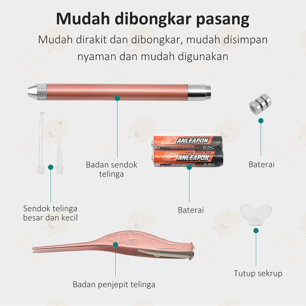 Lacoo Alat pembersih telinga set Korek kuping led lampu senter Ear cleaning endoscope bahan stainless steel