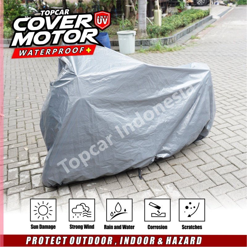 Cover Motor Plastik Waterproof Anti UV Indoor Outdoor Anti Air Sarung Pelindung Pembungkus Penutup Body Jok Cat Sepeda Motor Silver Hitam Premium Quality