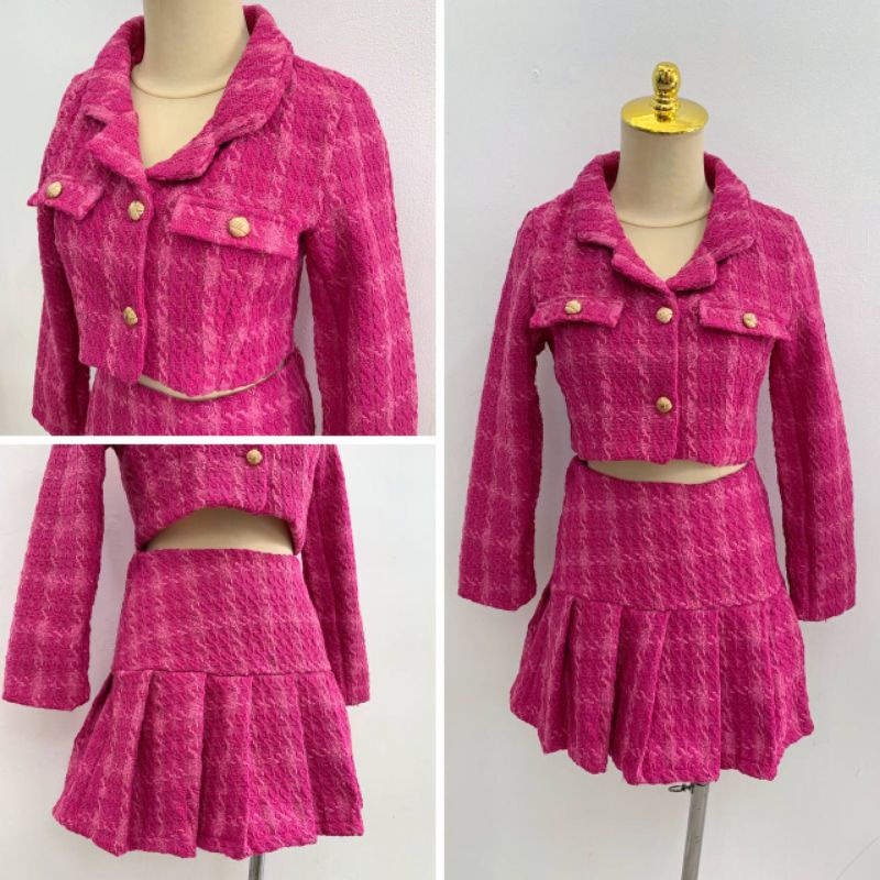 [ deasyfei ] Jk Skirt & Crop Blazer Fuschia Tweed Set