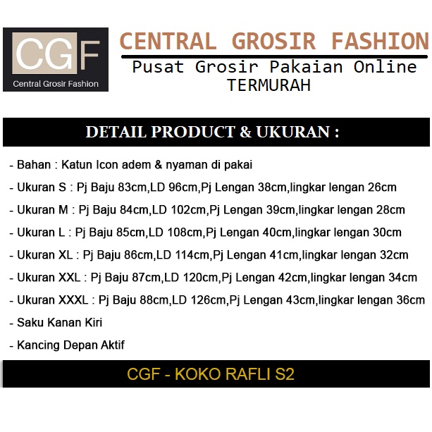 Koko Rafli S2 - Central Grosir Fashion (CGF) - Ukuran S-3XL - Matt Katun Icon Import - Baju Koko Qurta Pria - Baju Koko atasan Pria - New Arrival