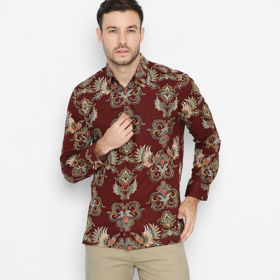 ➱ Platini Kemeja Batik Pria Lengan Panjang Maroon  ➺