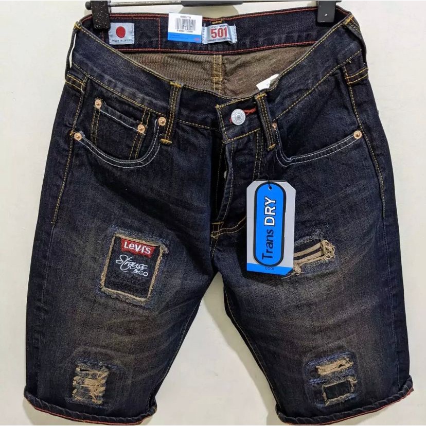 celana pendek jeans 501 pria motif sobek bordil terbaru