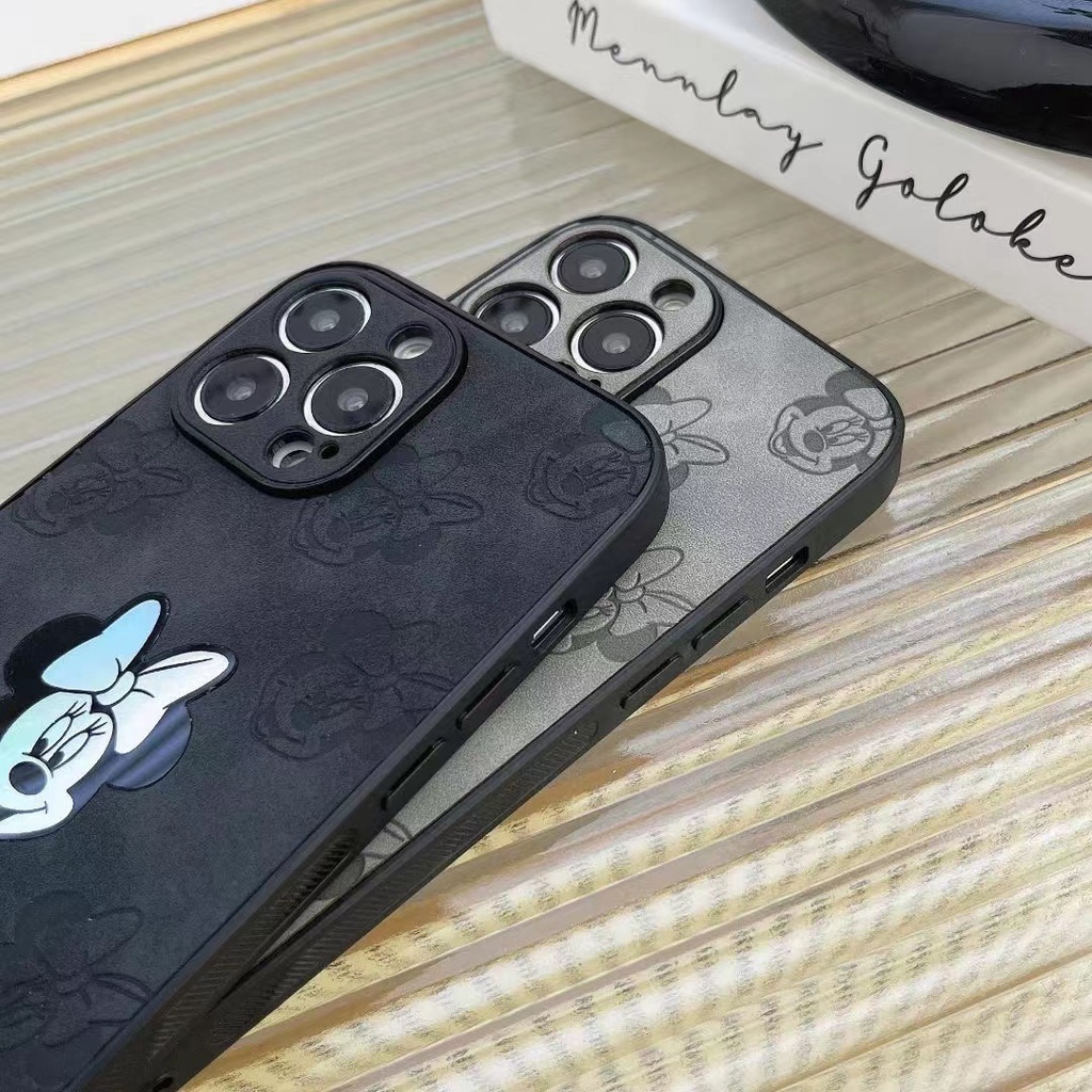 Laser Bow Mickey&amp;Minnie Back Casing for IPhone 14 12 13 11 Pro Max 14plus Leather Lens Protective Case