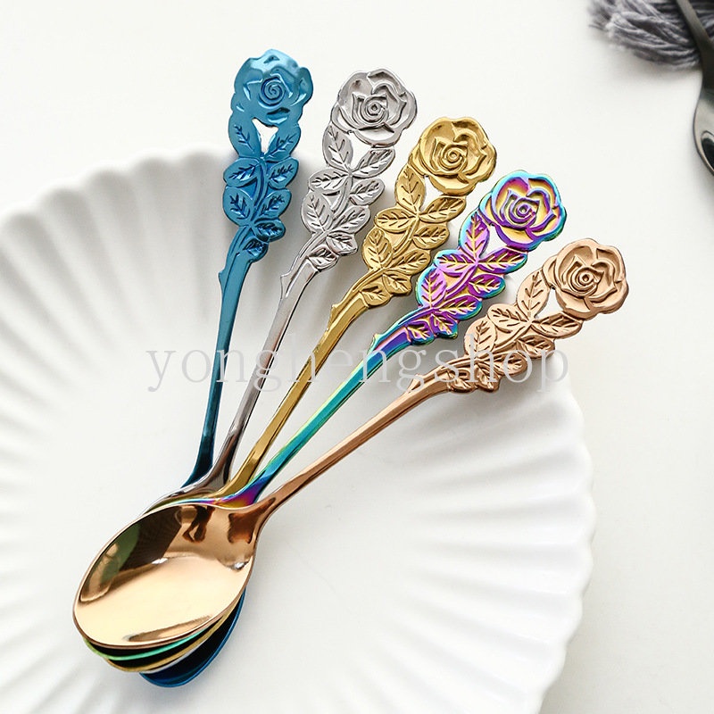 Kreatif Bentuk Bunga Mawar Handle Sendok Garpu Buah Stainless Steel Cutleries Kopi Teh Sendok Pengaduk Es Krim Sendok Dessert Spoon Tableware