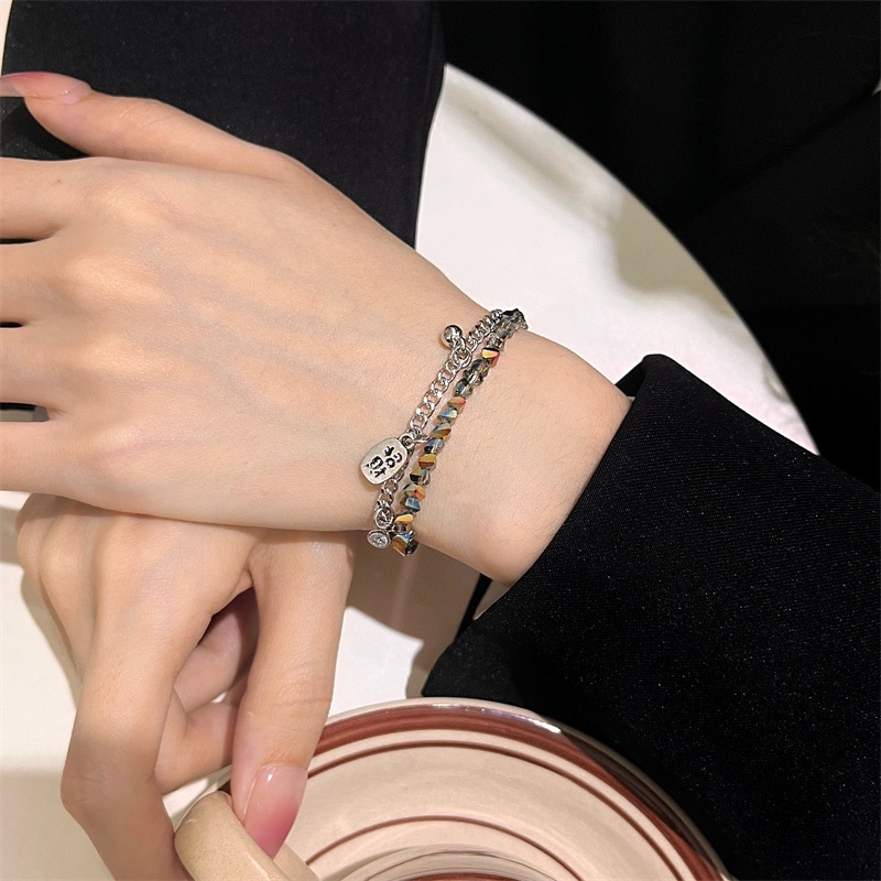 Gelang Liontin Huruf Fu Cina Baru Gelang Ganda Kristal Berwarna