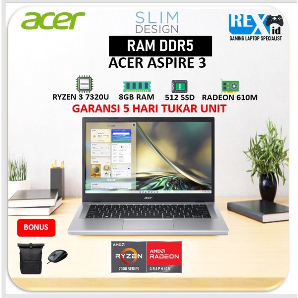 ACER ASPIRE 3 SLIM A314 (Ryzen 5 7520u 8gb 512ssd Radeon 610M W11+OHS)