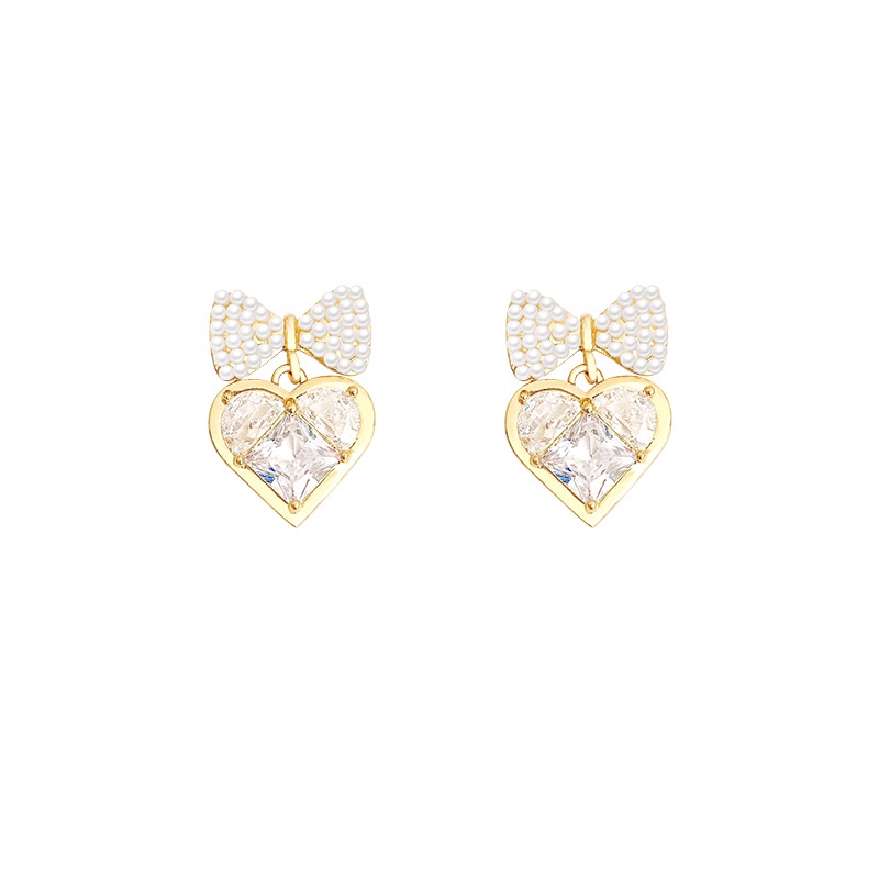 Love Earrings Fashion Zircon Heart-shaped Earrings Versatile Bow Pearl Earrings