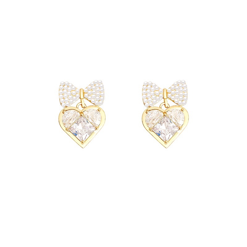 Love Earrings Fashion Zircon Heart-shaped Earrings Versatile Bow Pearl Earrings